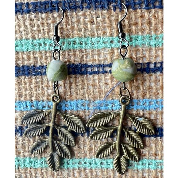 Artisan Brass Large Leaf with Green Swirl Clay Bead Dangle Earrings 2.75" Long - Picture 2 of 3